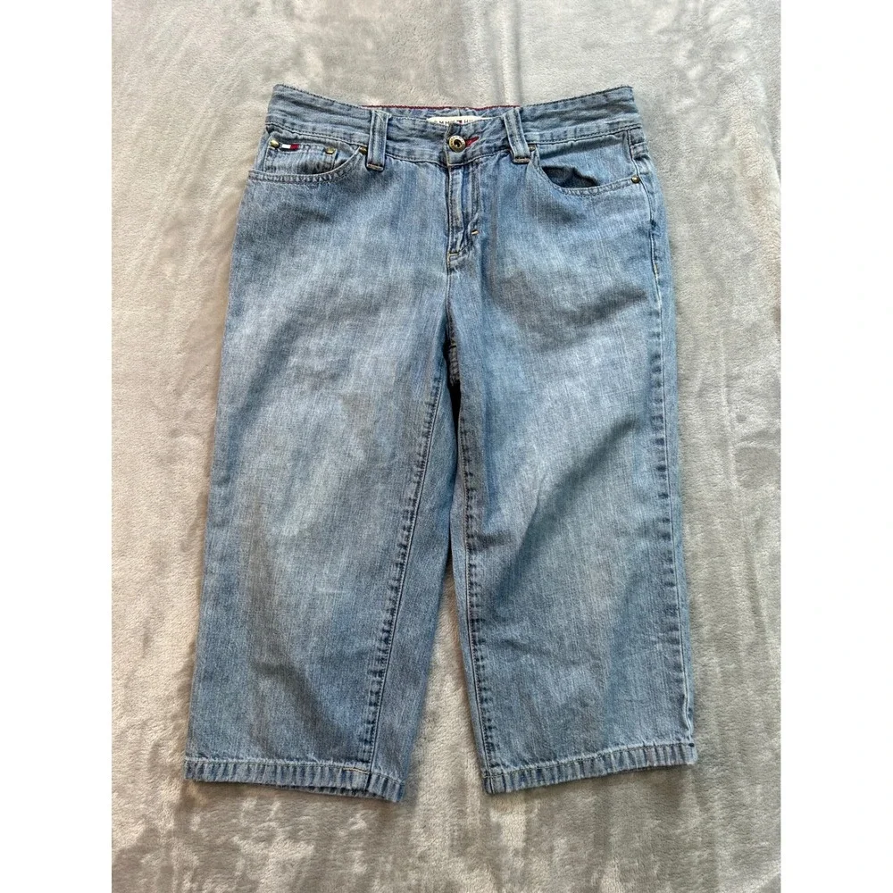 Vintage Tommy Hilfiger Y2K Denim Capri Womens Sz 2 Floral Embroidered Beach Boho